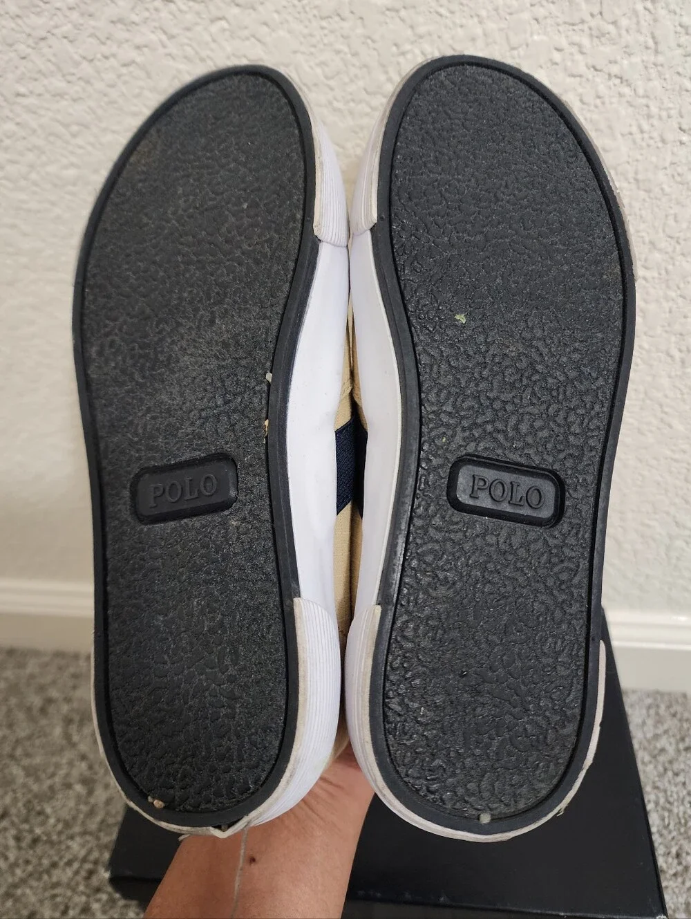 Polo by Ralph Lauren Beige Canvas Slip-On Loafers with Navy Trim